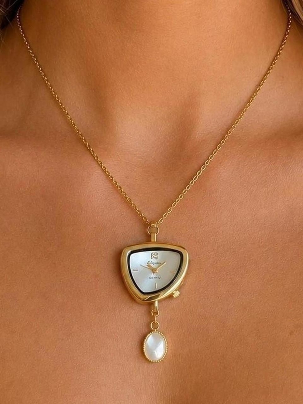 Gold Pendant Watch Necklace with White Mother-of-Pearl Accent